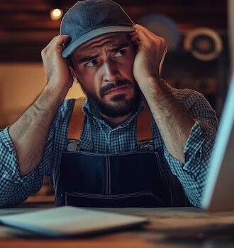 um homem parece estressado enquanto usa um computador em um espaco de trabalho aconchegante durante a noite lidando com desafios de trabalho 93675 280453 1 e1772656966207